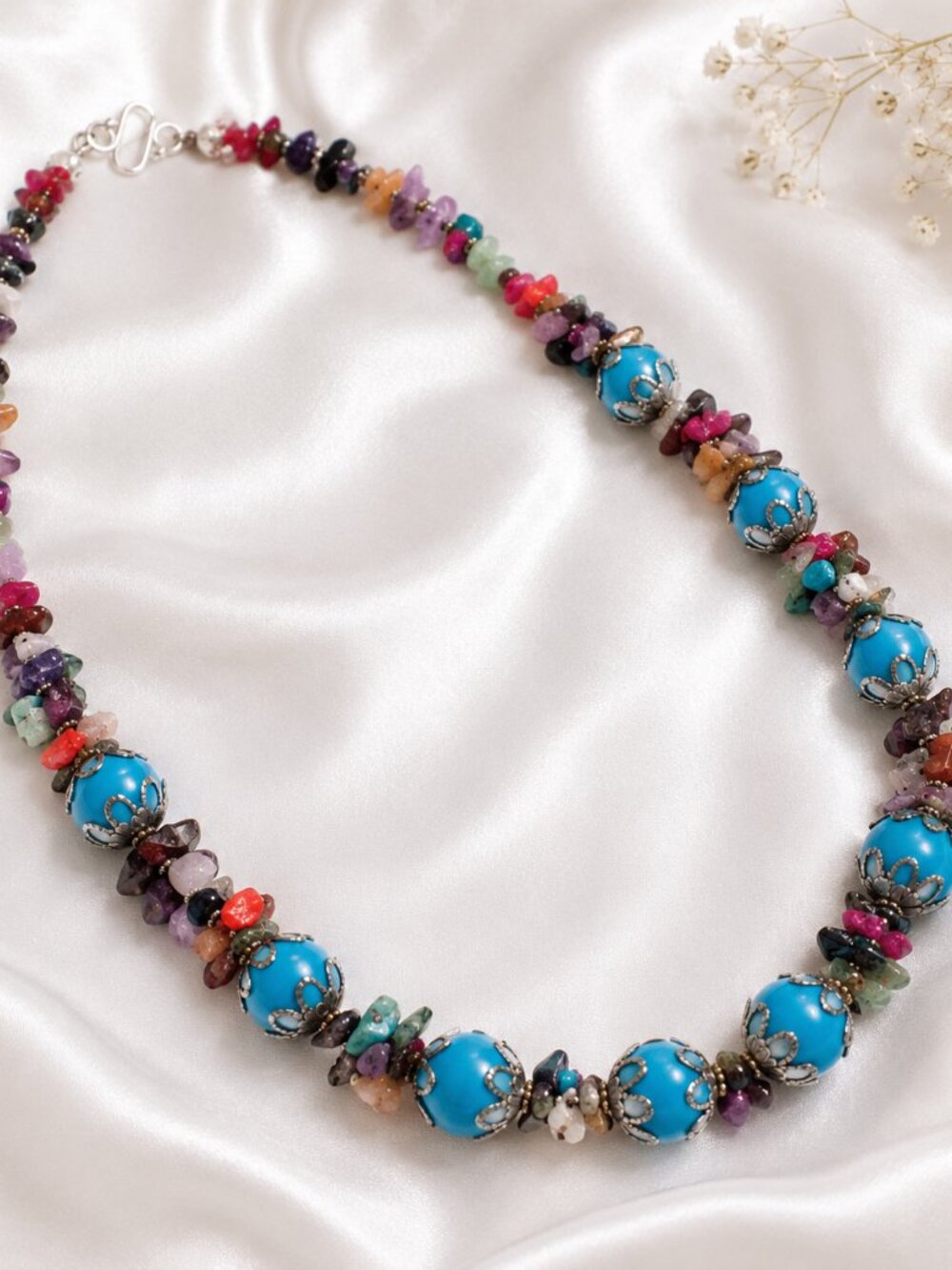 Blue Bead and Multi Color Gemstone Chip Bead Cluster Necklace